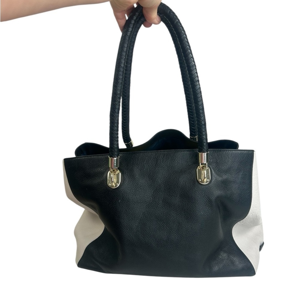 Cole Haan Pebbled Leather Black White Braided Straps Tote  Shoulder Bag Purse